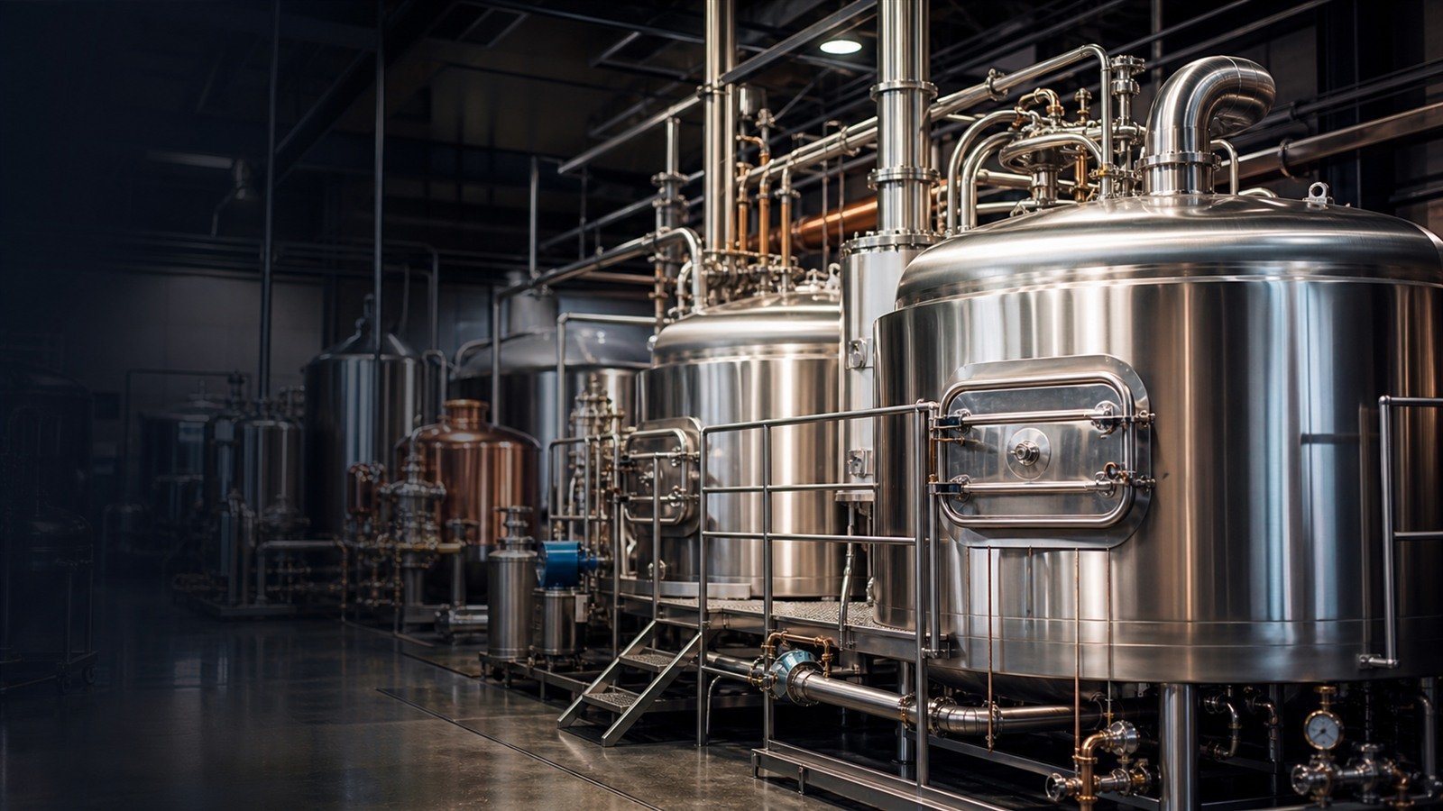Brewery brewhouse with treated water feeding stainless mash and brew kettles
