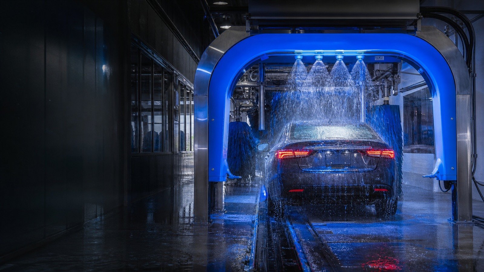 Car wash rinse arch delivering spot-free reverse osmosis water over a vehicle